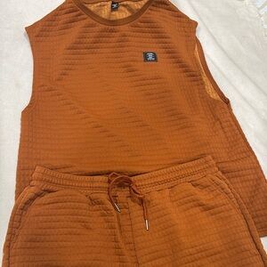 Quilted Sleeveless Top & Shorts Set in Rust Orange - Men’s Lounge Wear Outfit